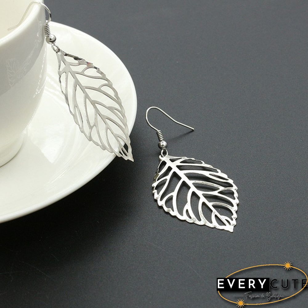 2 in 1 Set Leaves Necklace and Earings Fashion Women Jewelry Set Forest Style Double Leaves Silver Necklace