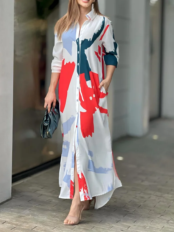 Buttoned Contrast Color Long Sleeves Loose Maxi Dresses