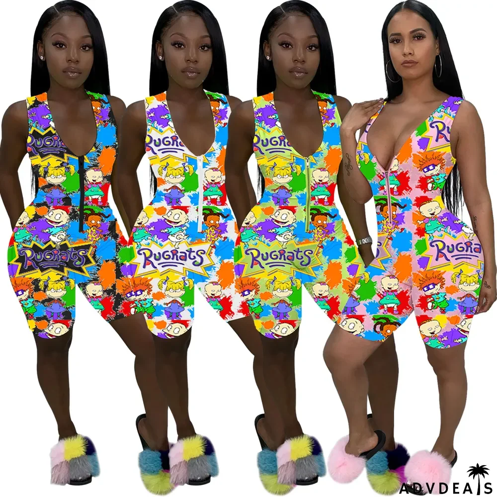 Casual Sports Zipper Sleeveless Cartoon Print Rompers