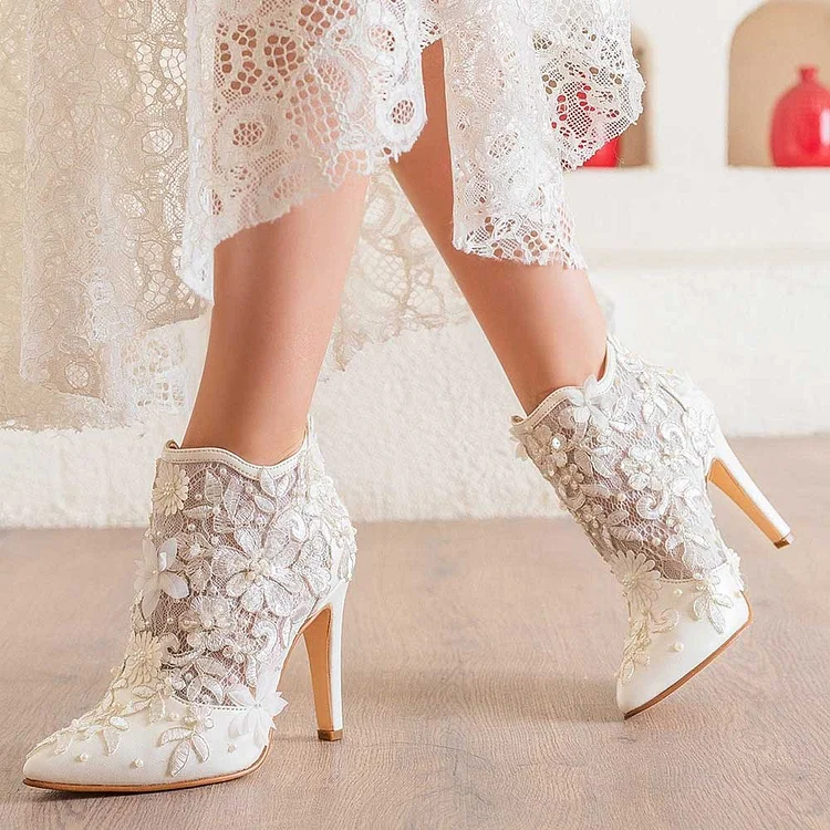 Tulle Flower Embroidered Pearl Lace Heeled Bridal Shoes in White |FSJ Shoes