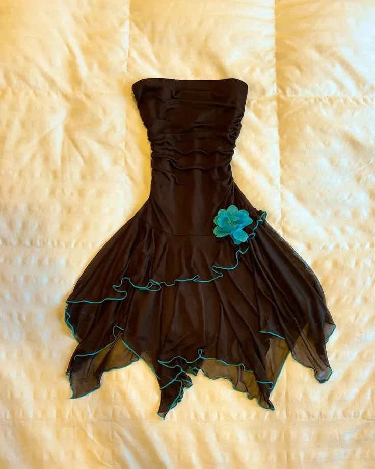 Black fashion blue floral tube top short ruffle homecoming dress prom dress evening dress birthday party dress