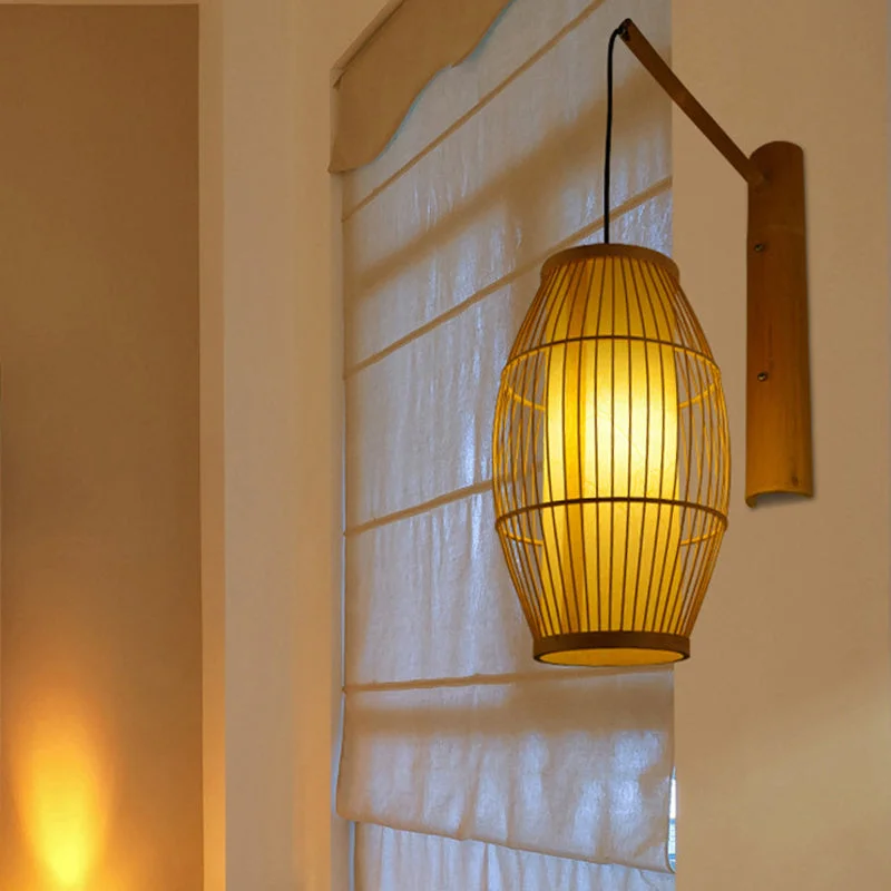 Asian Style Oblong Hanging Wall Light Bamboo 1 Bulb Bedroom Sconce Light Fixture in Beige