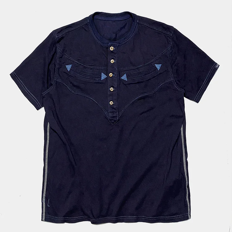 Western Indigo Jersey Pocket Henley Neck Short Sleeve T-Shirt