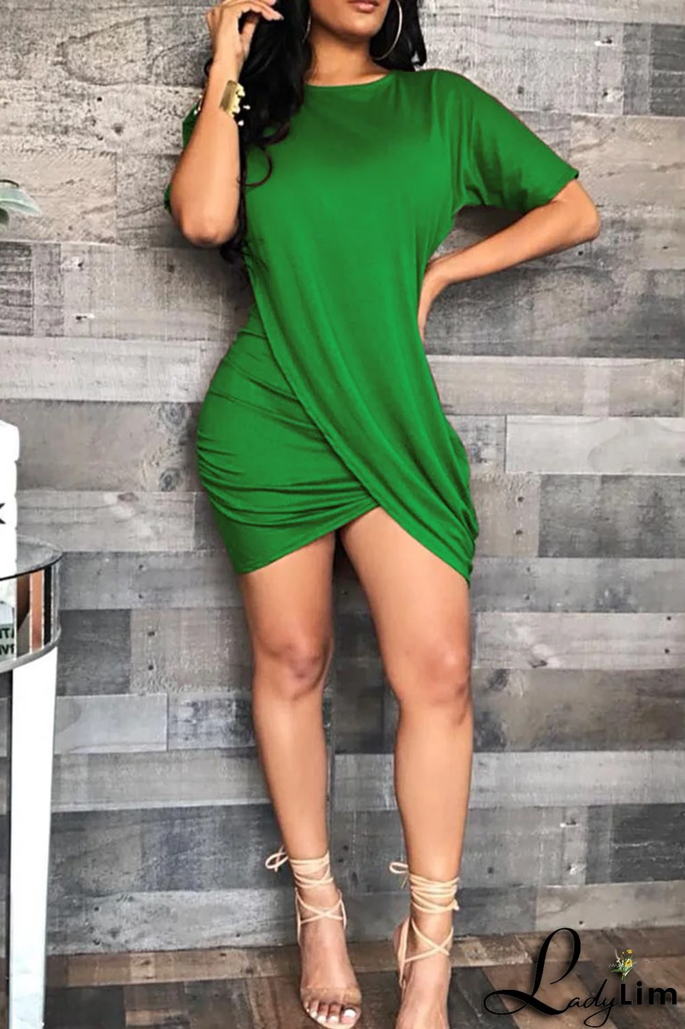 Grey Fashion Casual Solid Split Joint O Neck Short Sleeve Dress