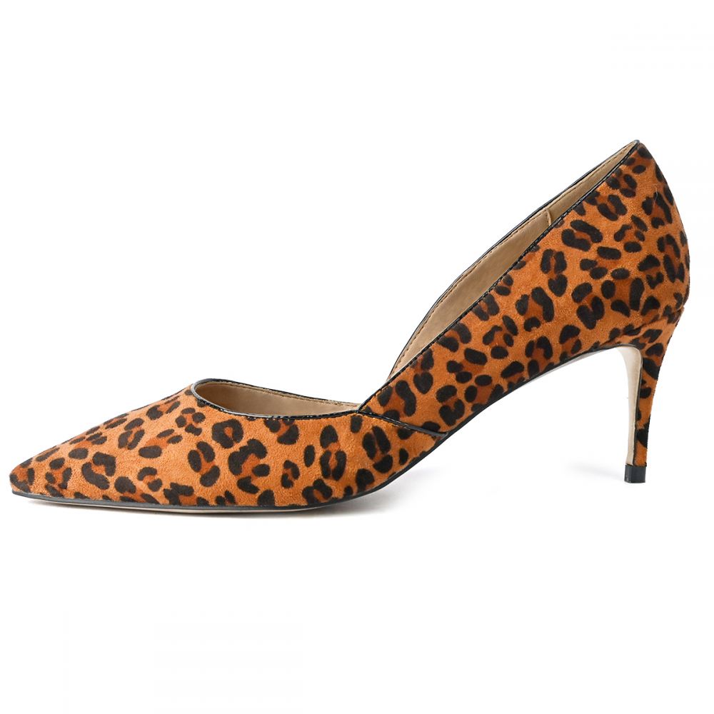 Brown Vegan Suede Leopard Print Pointed Toe Fashion Pumps Heels Nicepairs