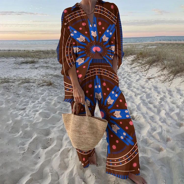 Women's Geometry Tiger Printed Shirt & Pants Two-piece Set