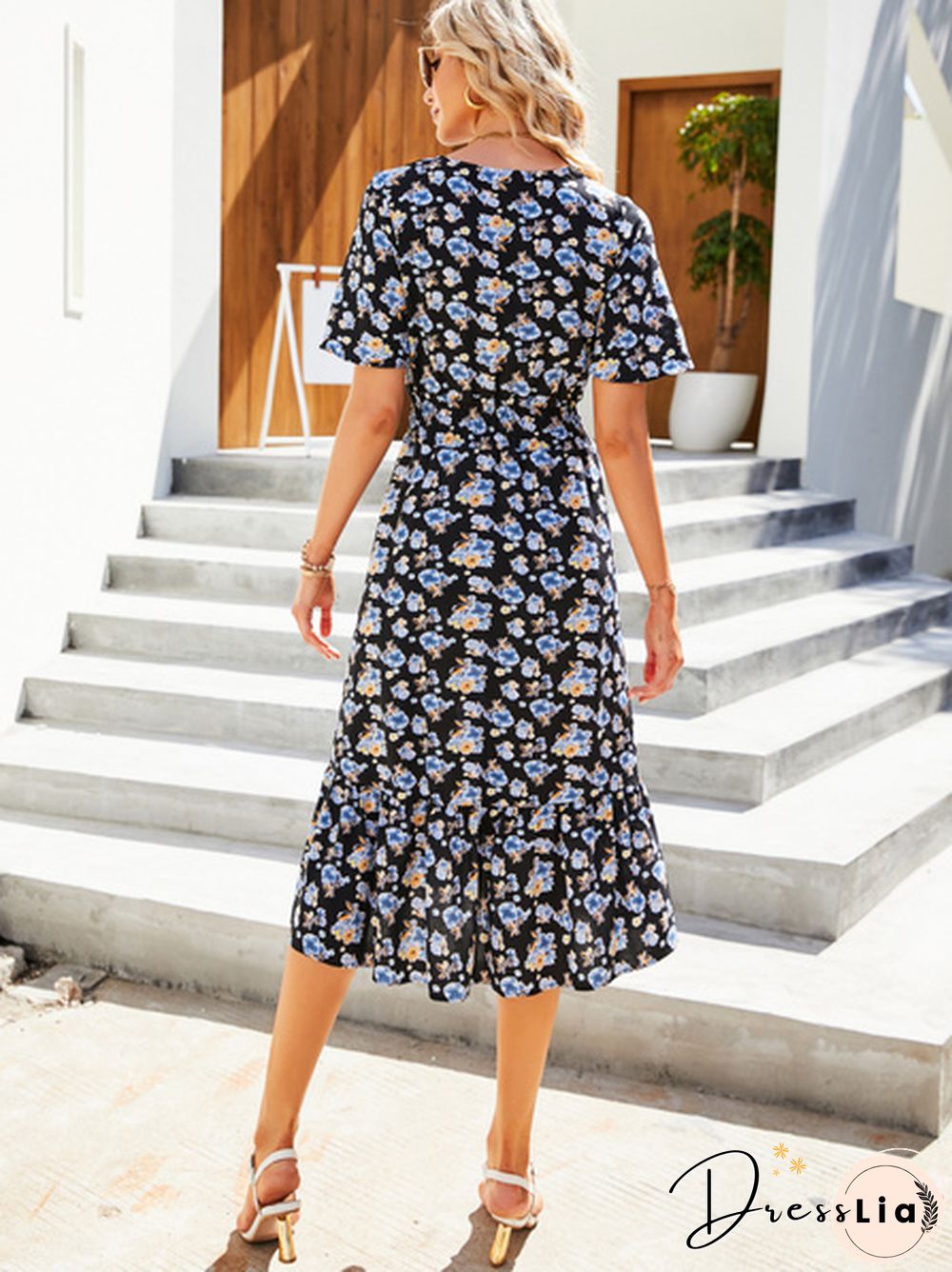 Disty Floral Smocked Elastic Waist Ruffle Hem Dress