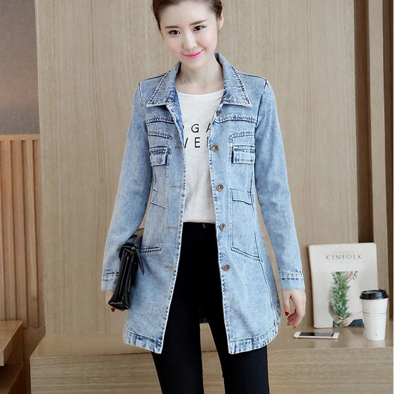 Zoki Autumn Women Denim Jacket Fashion Plus Size Ripped Female Jean Long Coat Koran Cotton Slim Long Sleeve Blue Outwear 2021