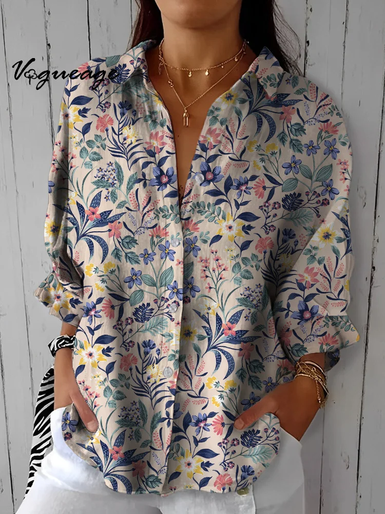 Gentle Elegant And Comfortable Flowers Printed Cotton And Linen Shirt