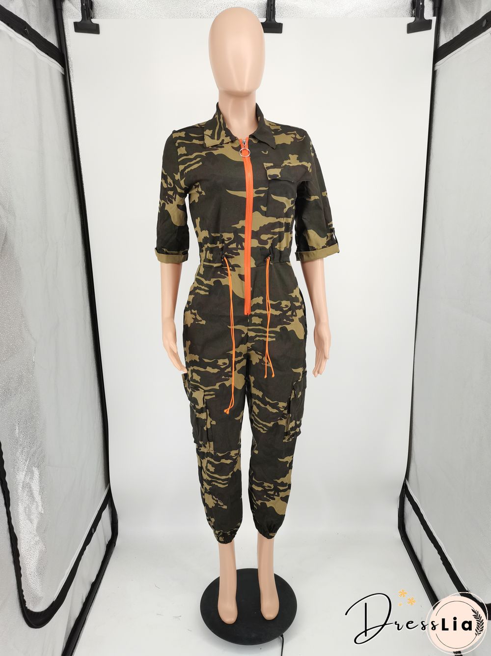 Camo Turn Down Collar Zipper One Piece Jumpsuit
