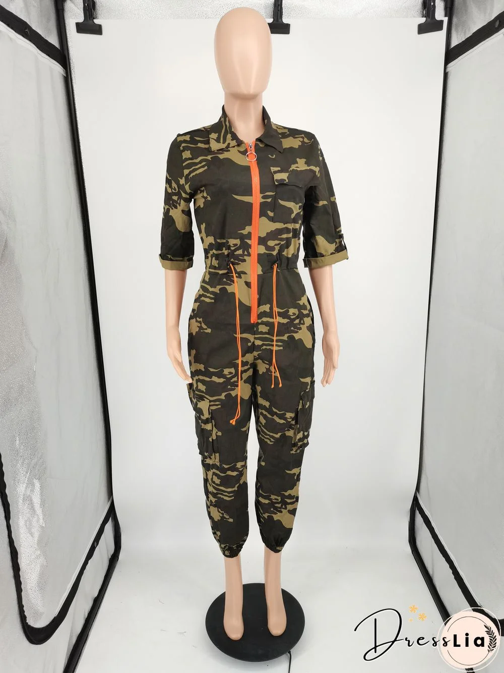 Camo Turn Down Collar Zipper One Piece Jumpsuit