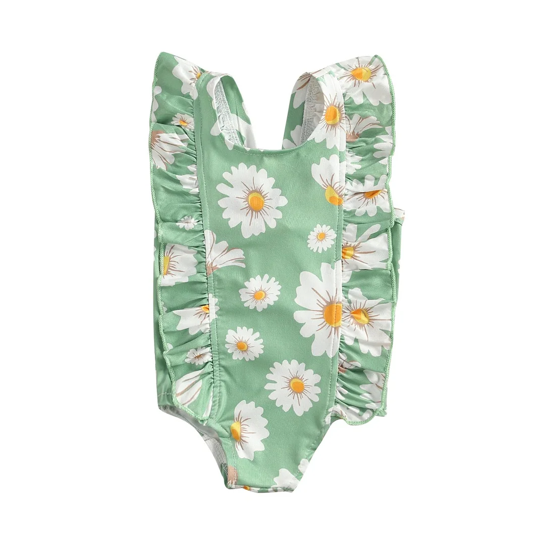 Infant Newborn Girl Sweet Daisy Print One-Piece Swimsuit Fashion Back Bandage Ruffles Sleeveless Swimsuit 6M-5T