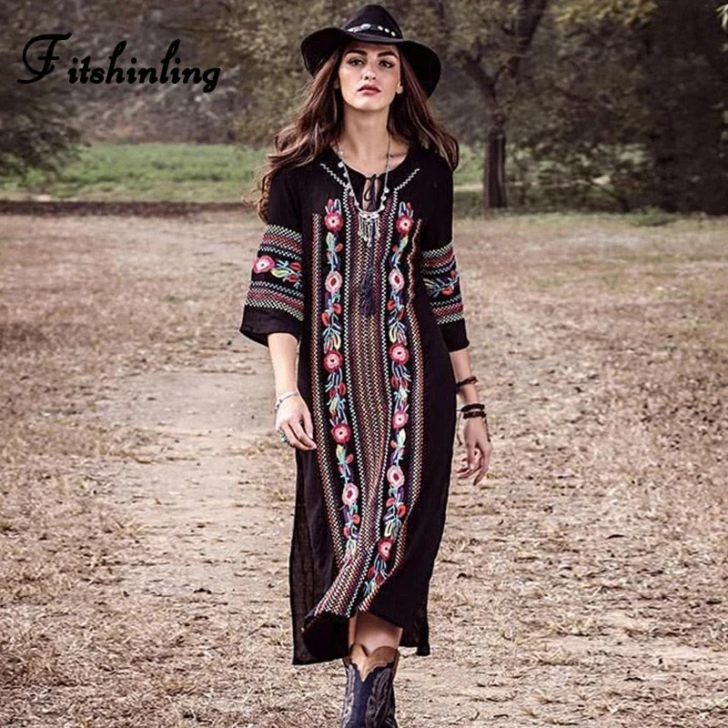 Fitshinling Ethnic Style Embroidery Beach Dress Holiday Vintage Side Split Black Pareos 2020 Bohemian Slim Dresses For Women New