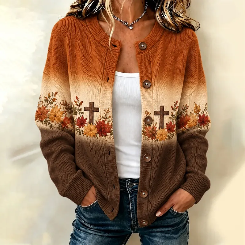 Comstylish Women's Autumn Halloween Cross And Maple Leaf Pattern Tri-color Gradient Knit Cardigan