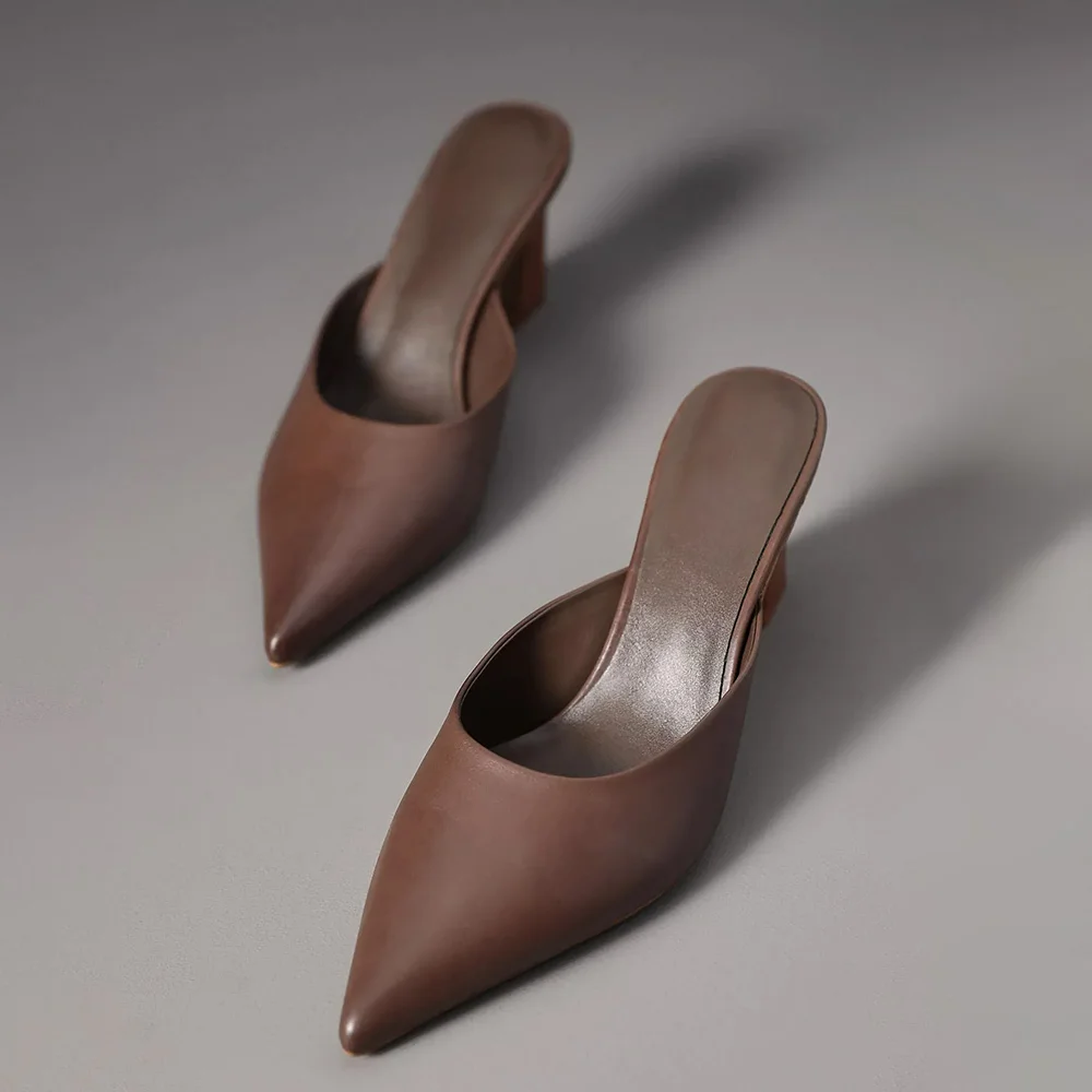 Women's Classic Chocolate Brown Chunky Heel Pointy Toe Mules