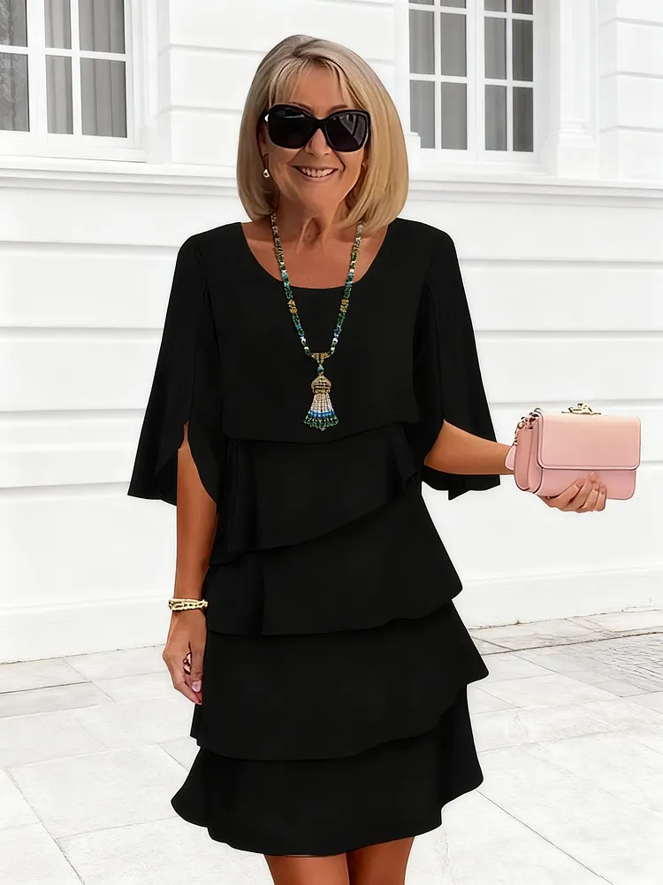 Fashion Solid Color Round Neck Cake Skirt Splicing Dress Women's Clothing