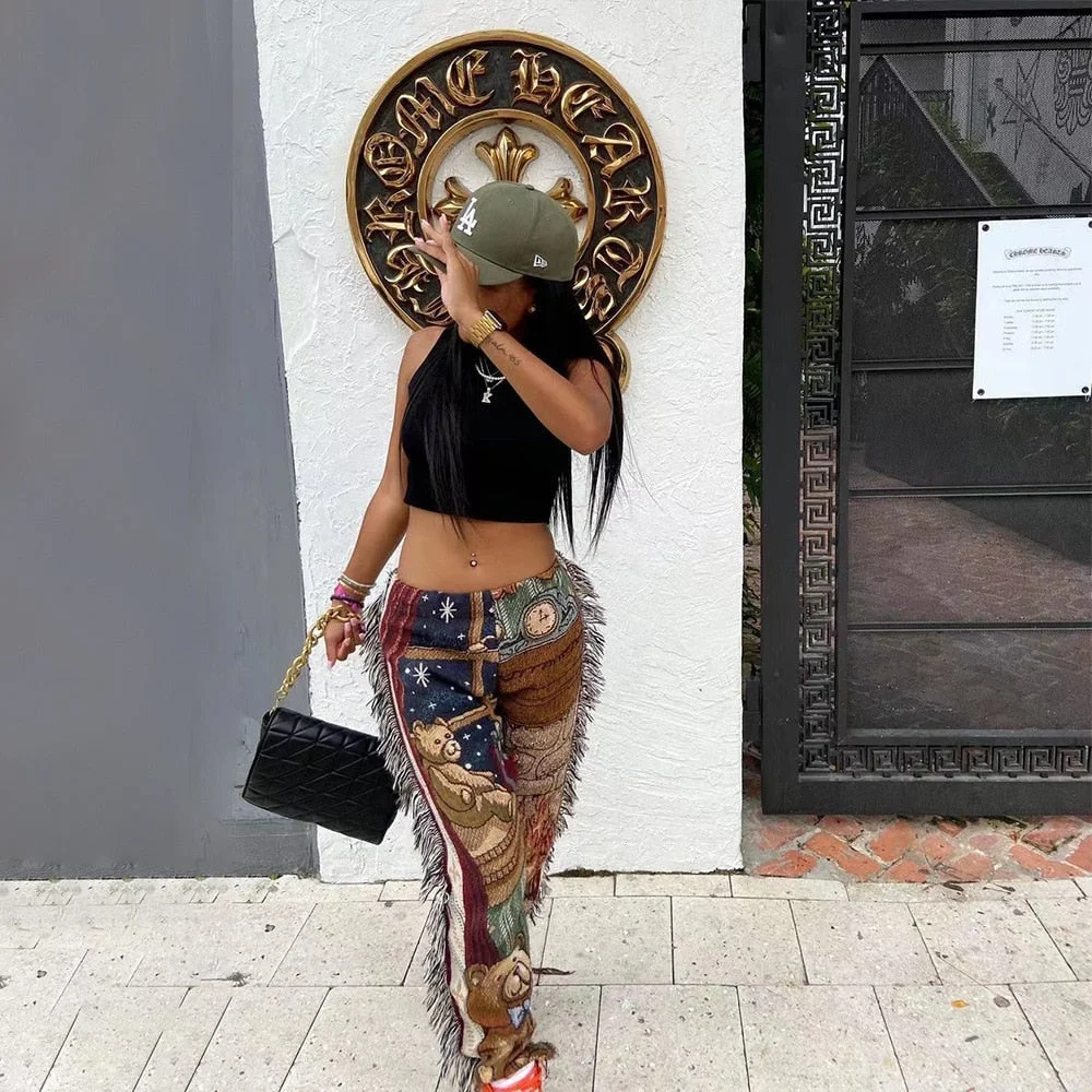 CM.YAYA Autumn Spring Women Pants High Waist Activewear Pencil Trousers Sporty Print Tassel Jogger Pants Sweatpants