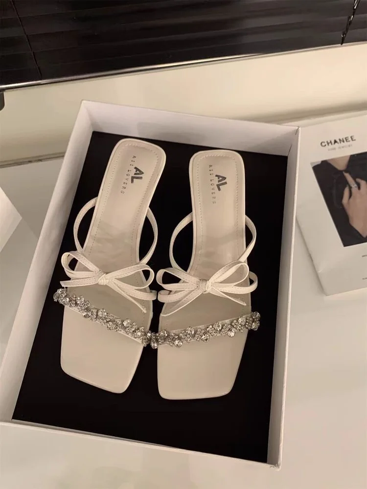 Wongn Wongn Summer New Fashion Rhinestone Bow One Word High Heel Cool Drag Slippers Women's Shoes