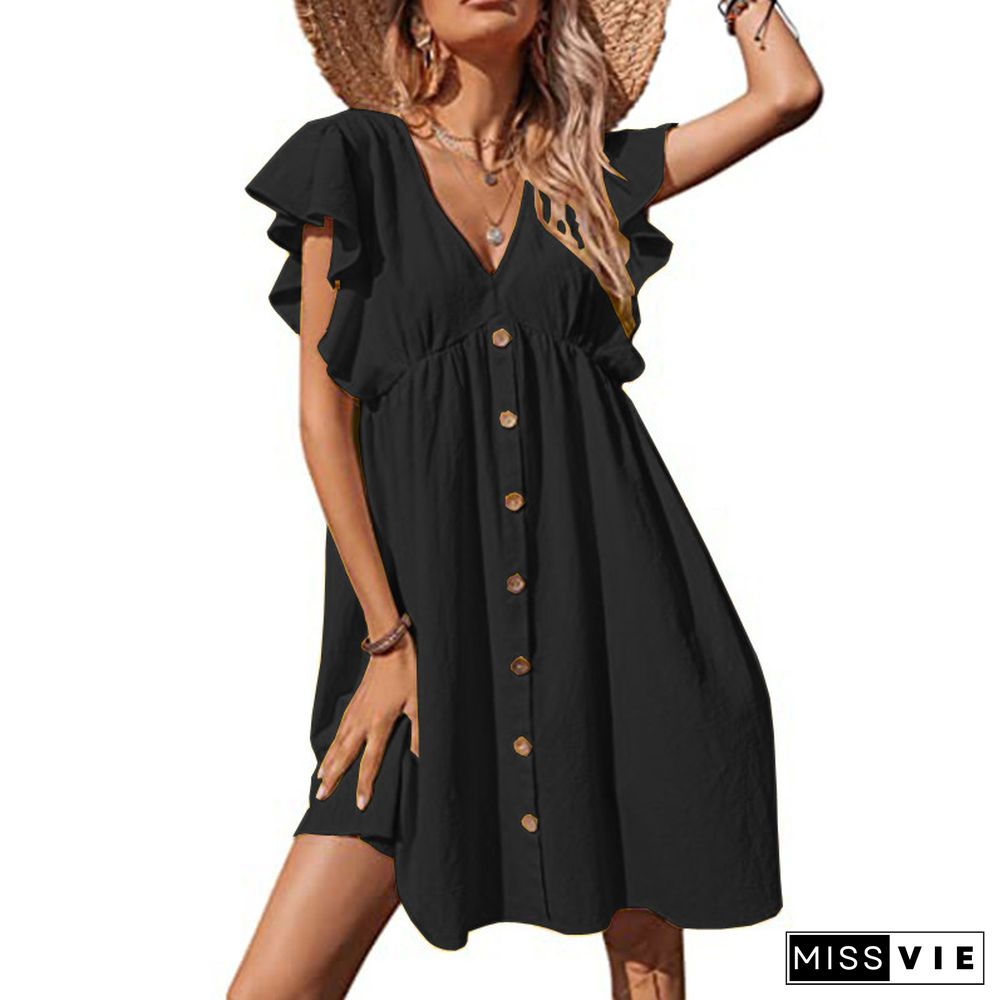 Women's Summer Dress Casual Fold V-Neck Button Fashion Plus Size Dress Linen
