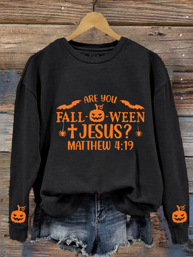 Women's Funny Halloween Are You Fall-O-Ween Jesus Matthew 4:19 Printed Sweatshirt socialshop