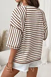 Women's Casual Brown Stripe Textured Knit Split Hem Half Sleeve Loose Top