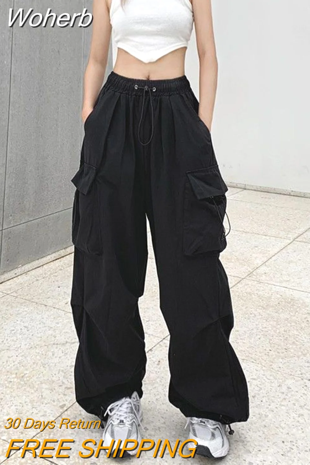 Woherb Streetwear Cargo Pants Women Korean Version Casual Solid Baggy Straight Trousers Female Fashion Wide Leg Oversize Sweatpants