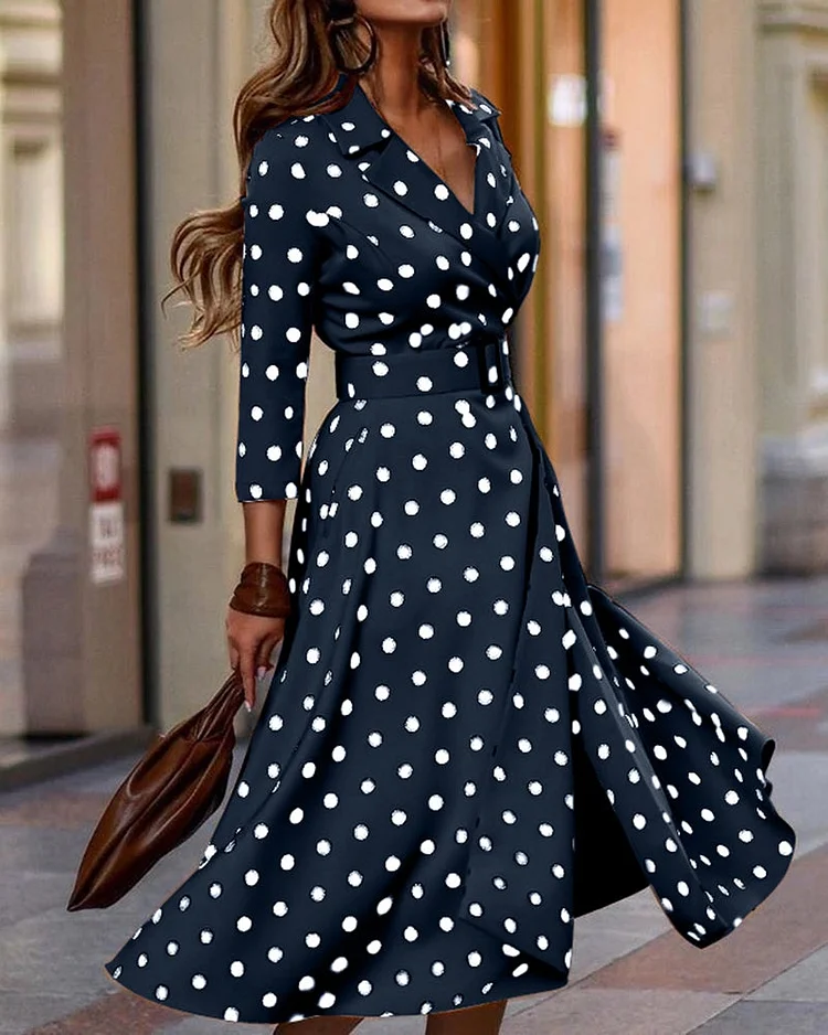 Fashion Polka Dot Print V-Neck Dress with Belt