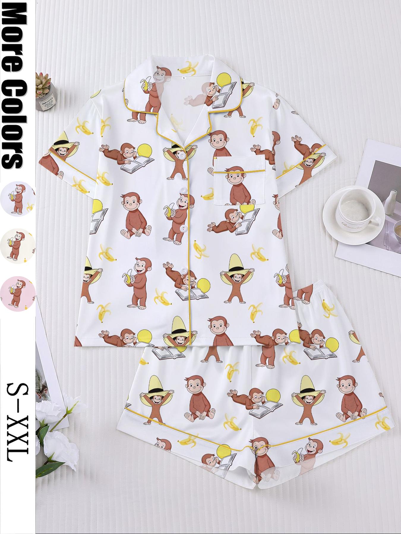 Women's Monkey Banana Print Sleepwear Set, Comfortable Short Sleeve Button Shirt & Loose Elastic Shorts, Fashion Casual Home Wear, Pajama Set, Matching Pj Set, Sleepwear Pajamas Set