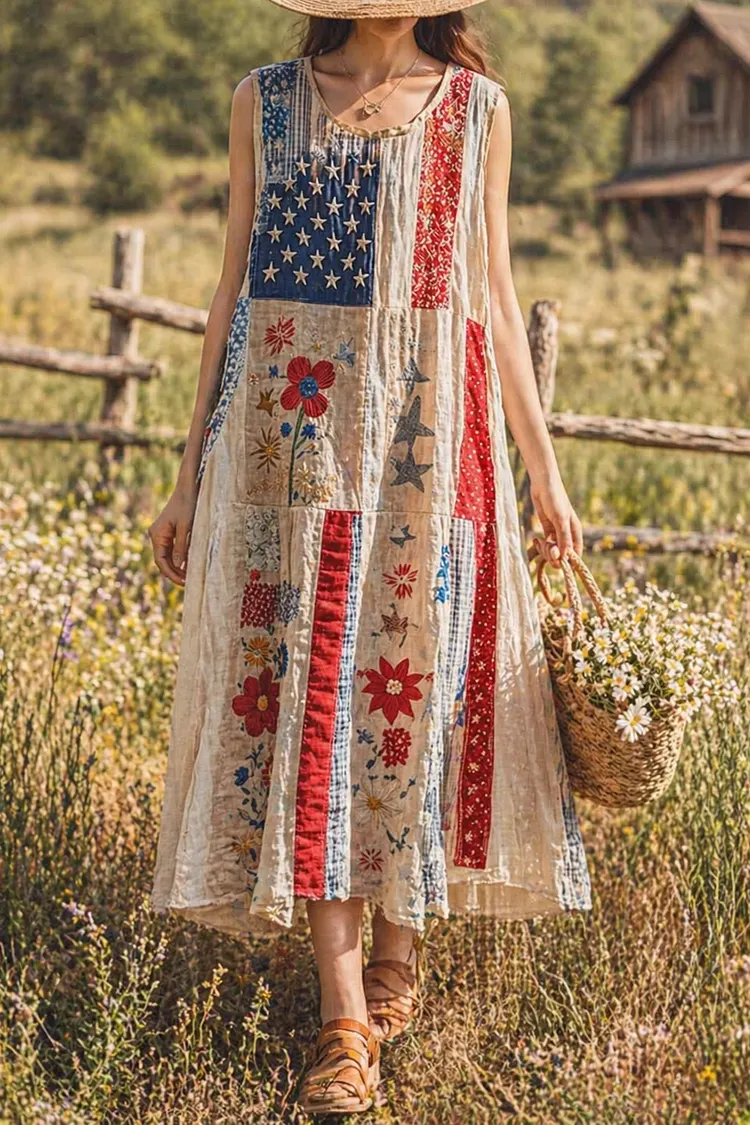 Vintage Independence Day American Flag Patch Floral & Paisley Art Linen Tank Dress