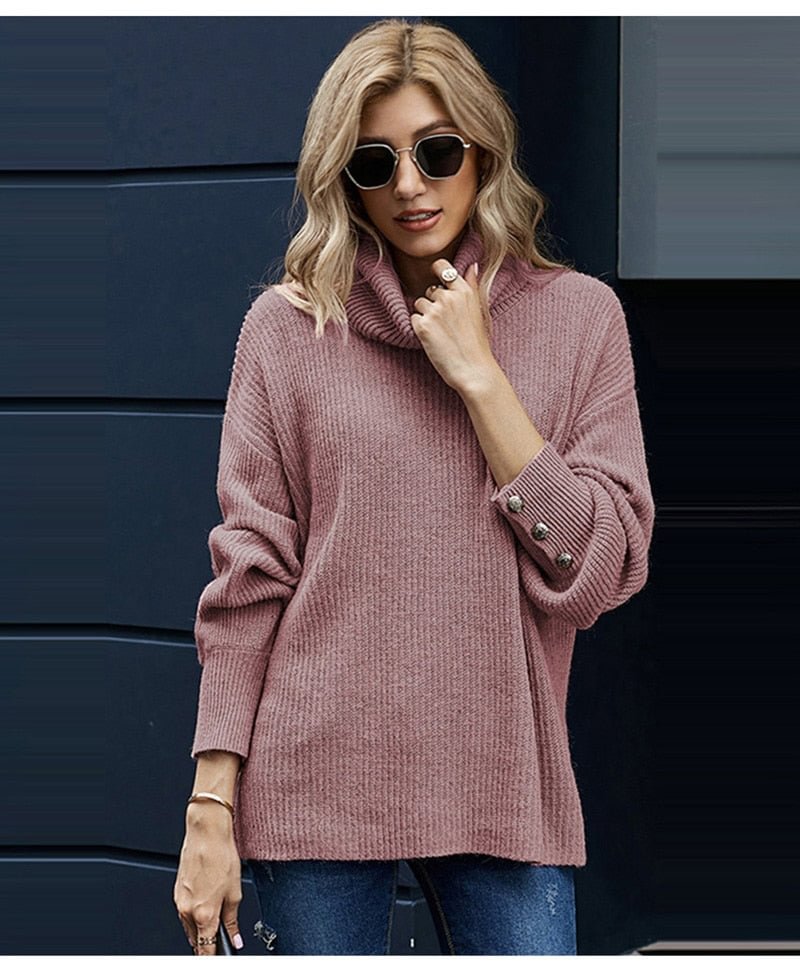 Fitshinling Buttons Vintage Turtleneck Sweaters For Women Fashion Slim Solid Knitted Jumper Autumn Winter Tops Long Sleeve Pulls