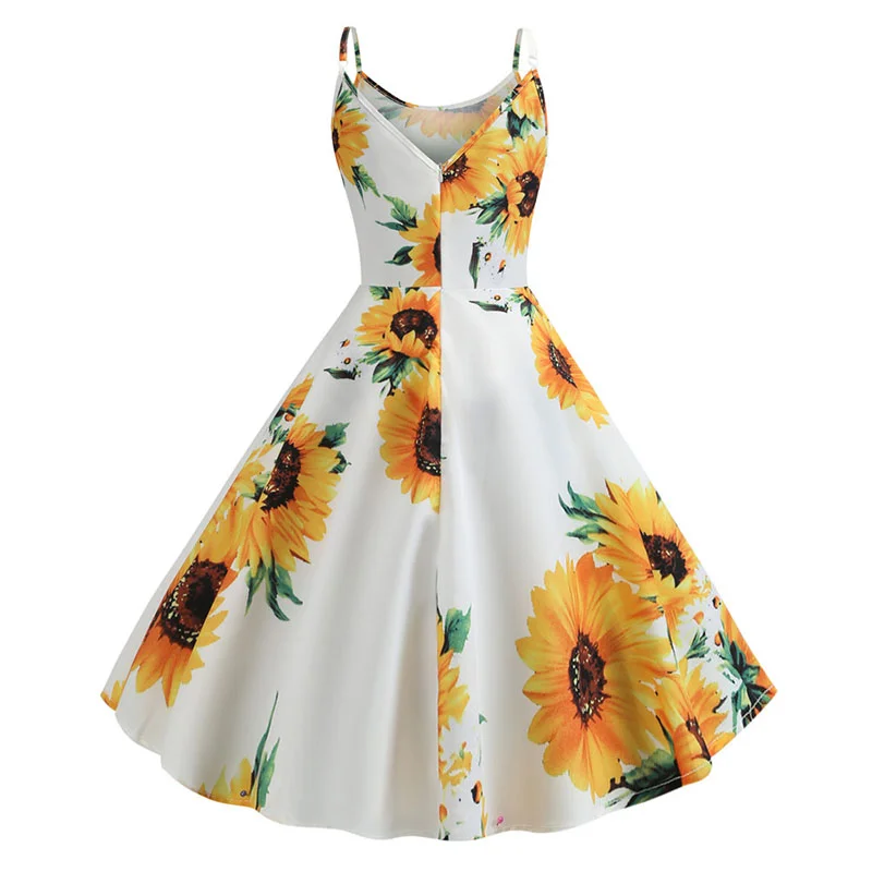 Churchf Sexy Spaghetti Strap Swing Vintage Rockabilly Dresses Floral Summer Beach Dress Women  White Boho Sunflower Midi Dresses-Outfit Ideas