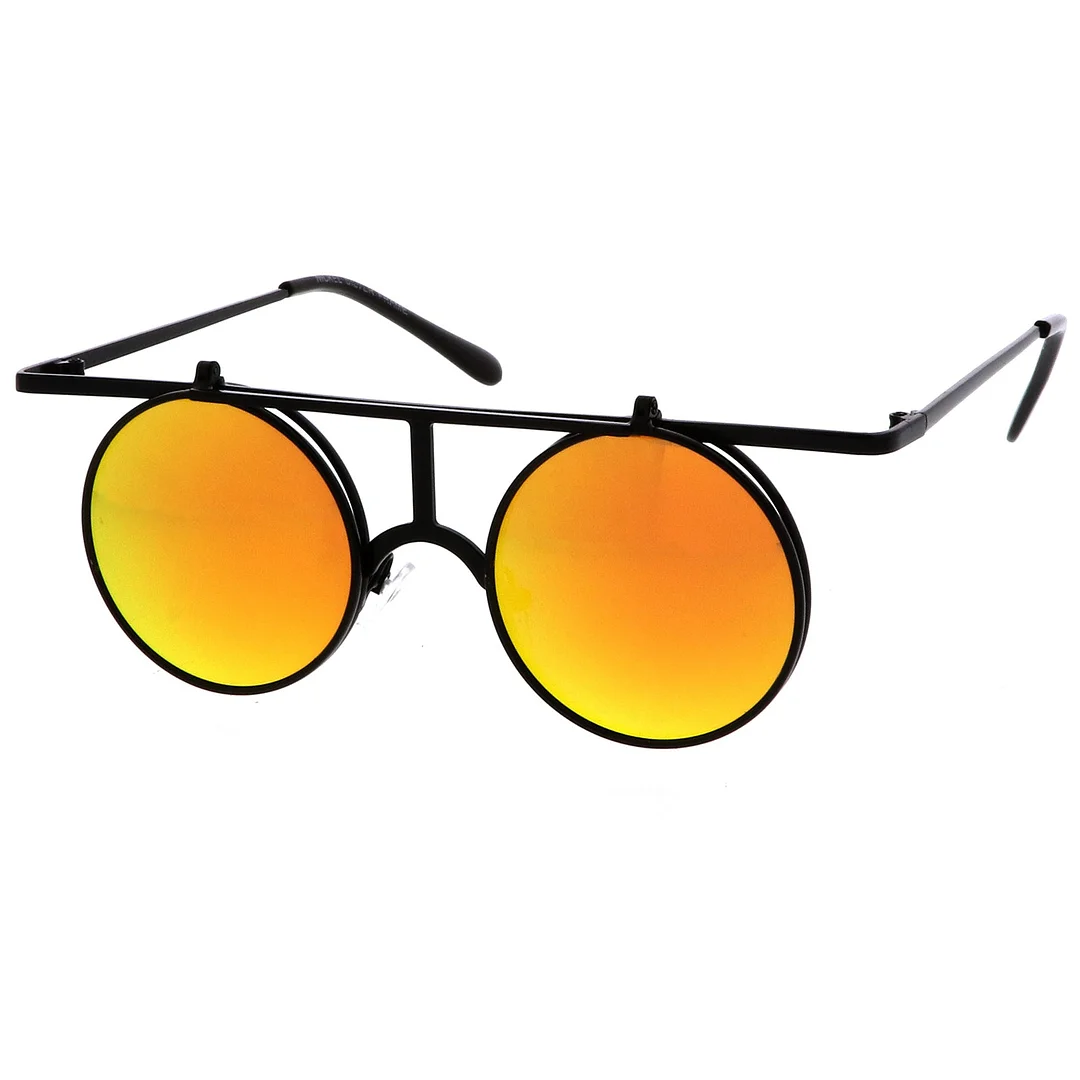Steampunk Flip Up Cover Flat Top Colored Mirror Clear Lens Round glasses 44mm