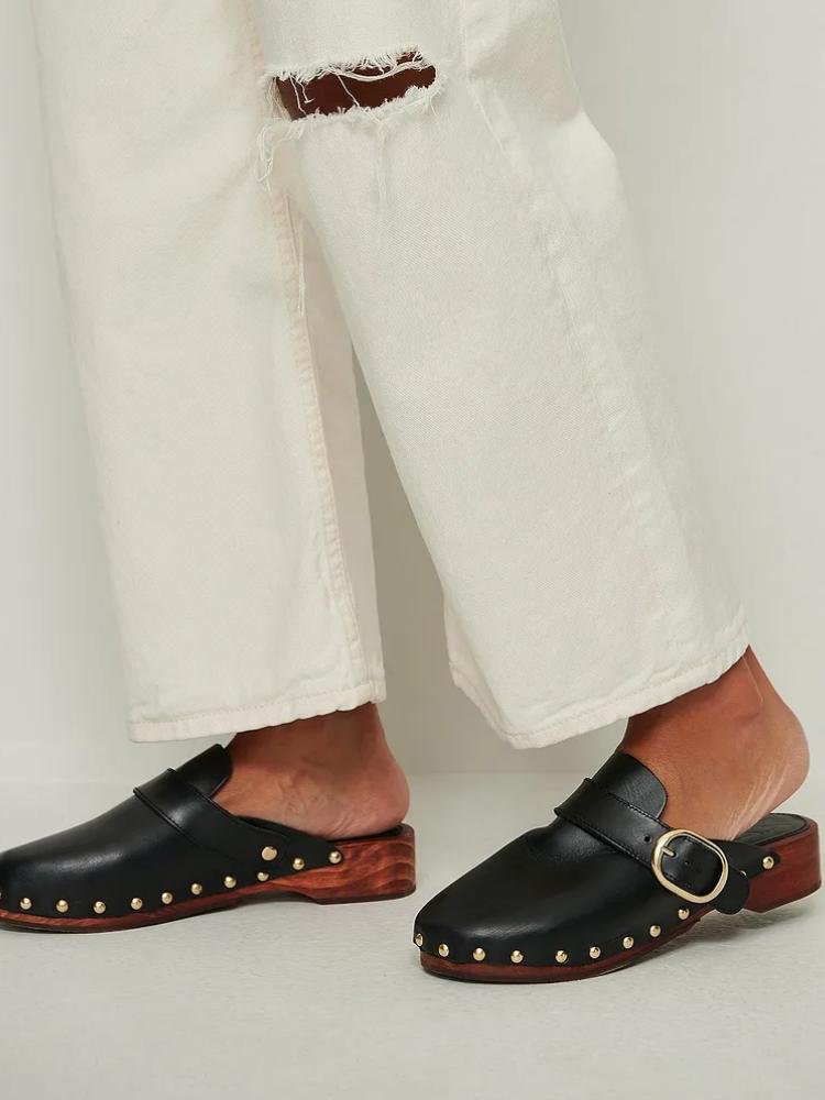 Fashion Casual Commuter Stud Buckle Round-Toe Low Heel Pumps Slip-On Clog Mules