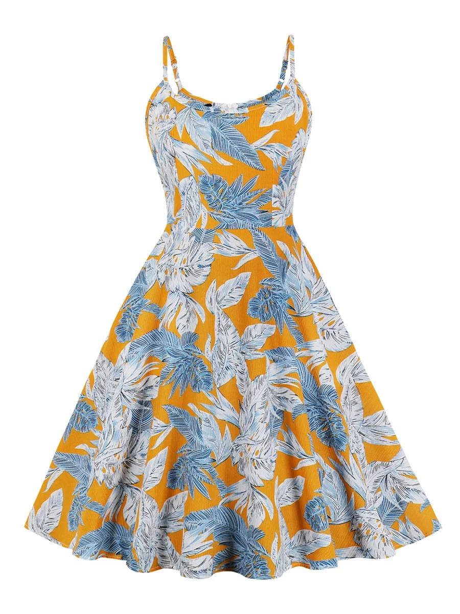 1950s Dress Floral Spaghetti Strap Comfy Tea-Length Dress