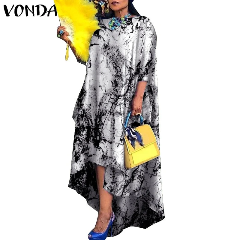 Women Dress 2022 VONDA Vintage Printed Asymmetric Party Long Maxi Dress Femme Robe Beach Sundress Casual Vestido Plus Size Robe