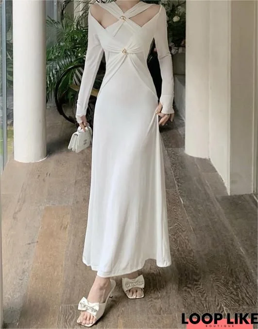 Elegant Acrylic Plain Long Sleeve Midi Dress