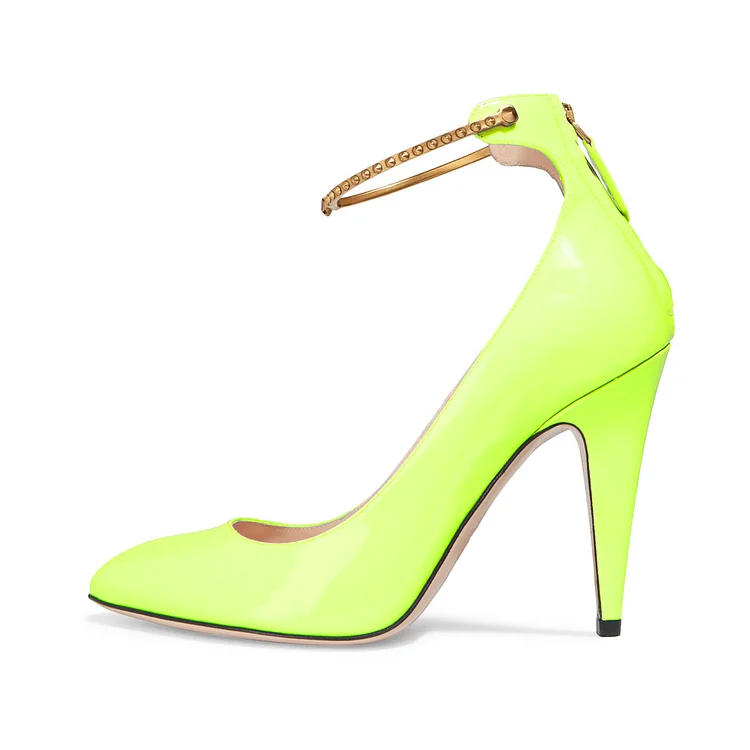 Women's Neon Yellow Patent Leather Ankle Strap Heels Pumps Shoes |FSJ Shoes
