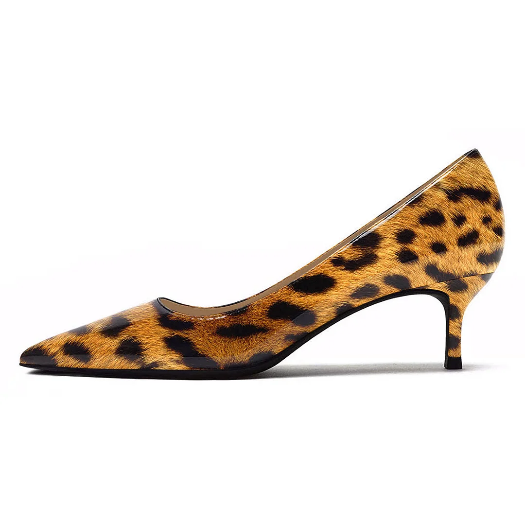 Patent Leather Leopard Print Pointed Toe Kitten Heel Pumps Shoes