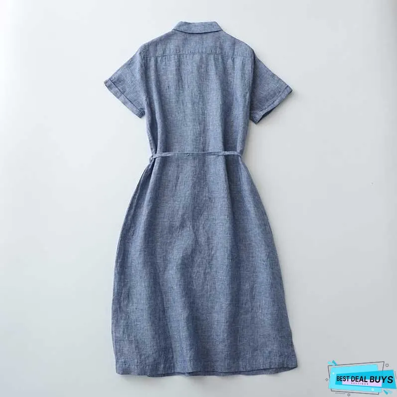 Linen Front Half-open Buckle Waist Lace-up Short Sleeve Dress