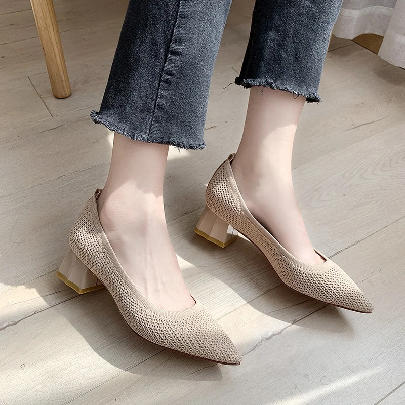 Budgetg Women Pumps Spring Summer Stretchy Fabric Med Chunky Heels Shoes Slip On Sexy Pointed Toe Work Office Casual Daily Shoe