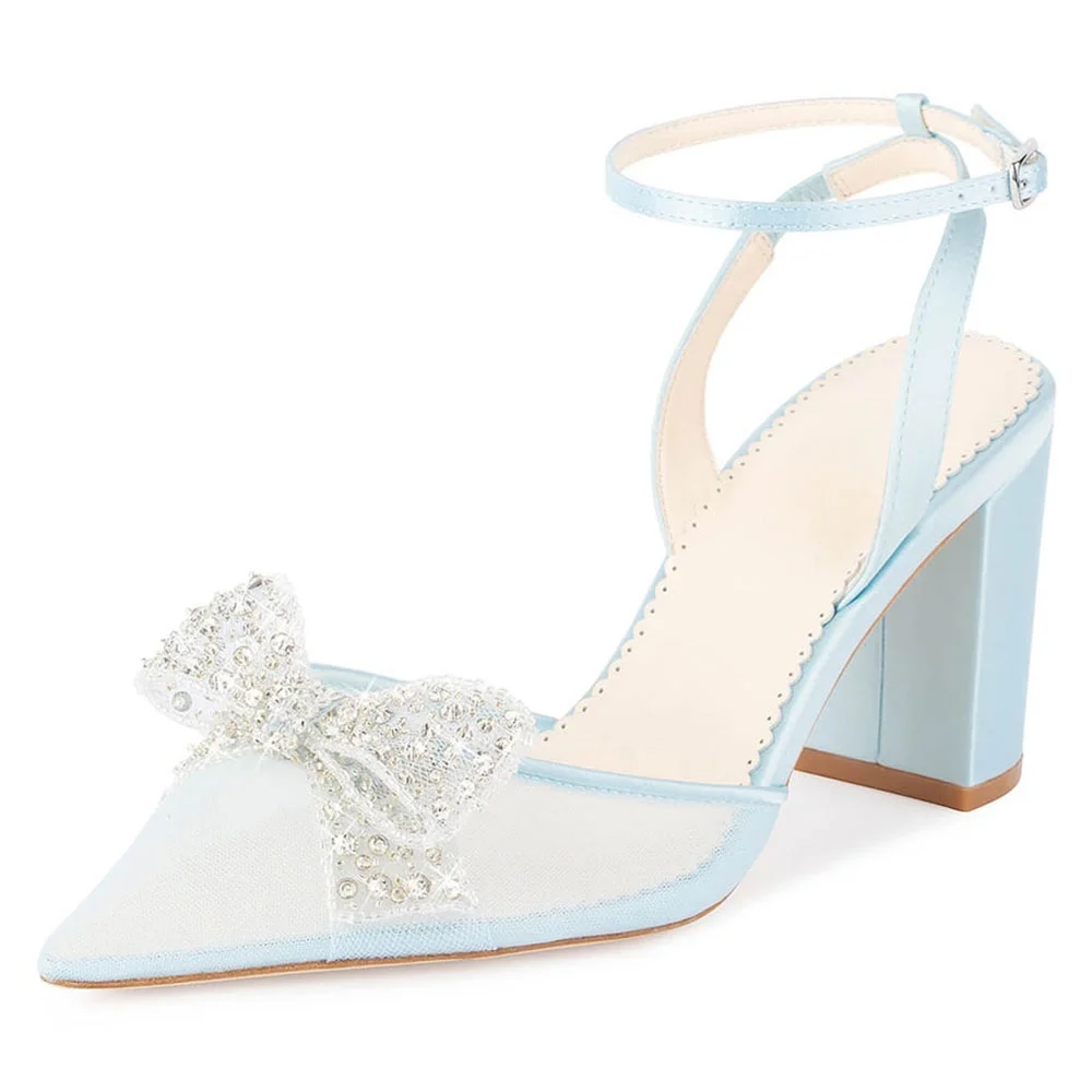 Light Blue Mesh Chunky Heel Pointed Toe Rhinestone Bow Wedding Shoes
