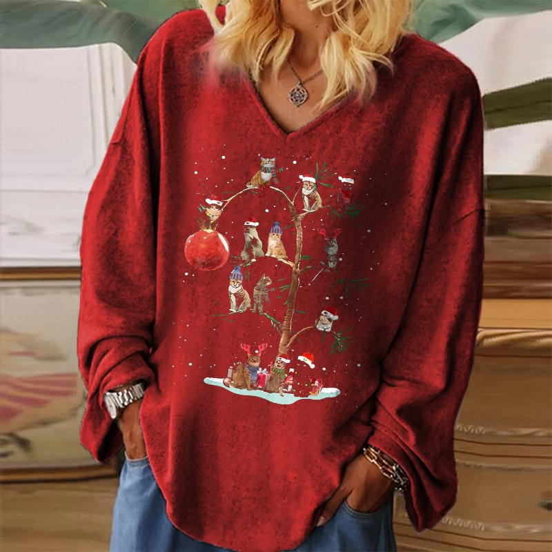 Christmas Cat Tree Print V-neck Women's T-shirt