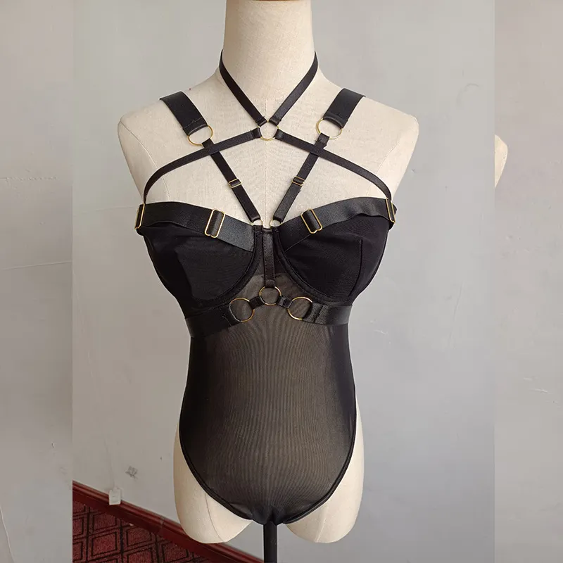 Churchf New Mesh Air Permeable Three-Point Strap Sexy Hollow Sex Dress Black Woman Tights
