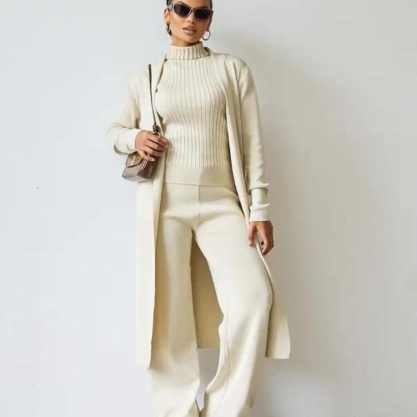 Trendy Knit Turtle Neck Tank & Wide Leg Trousers with Open-front Long Cardigan Three-piece Clothes Sets, Casual Womenswear