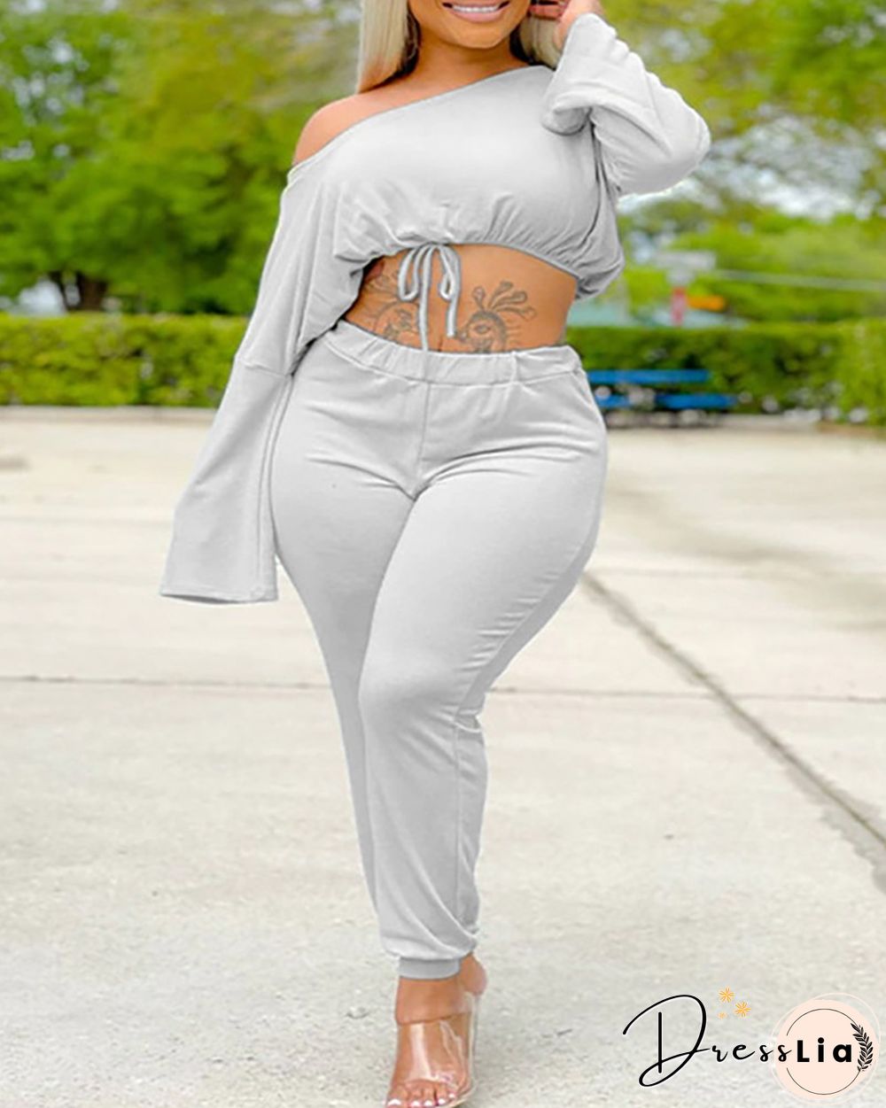 One Shoulder Bell Sleeve Crop Top & Pants Set