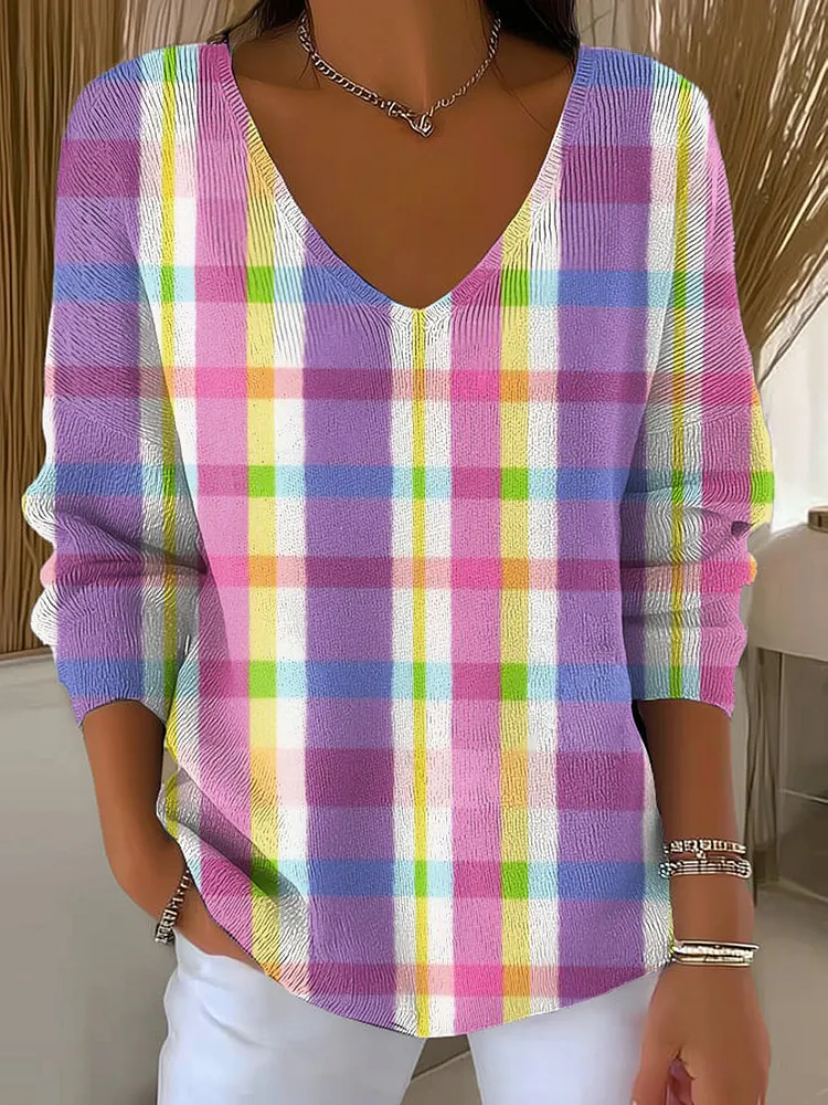 Women's Colorful Stripe Painting Art Print Casual Pullover Sweater