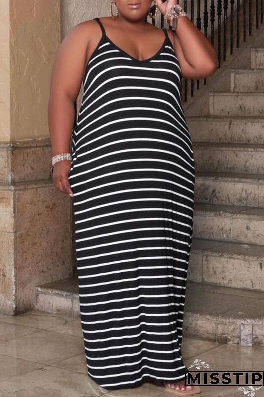 Deep Blue Sexy Casual Striped Print Basic Spaghetti Strap Long Dress Plus Size Dresses