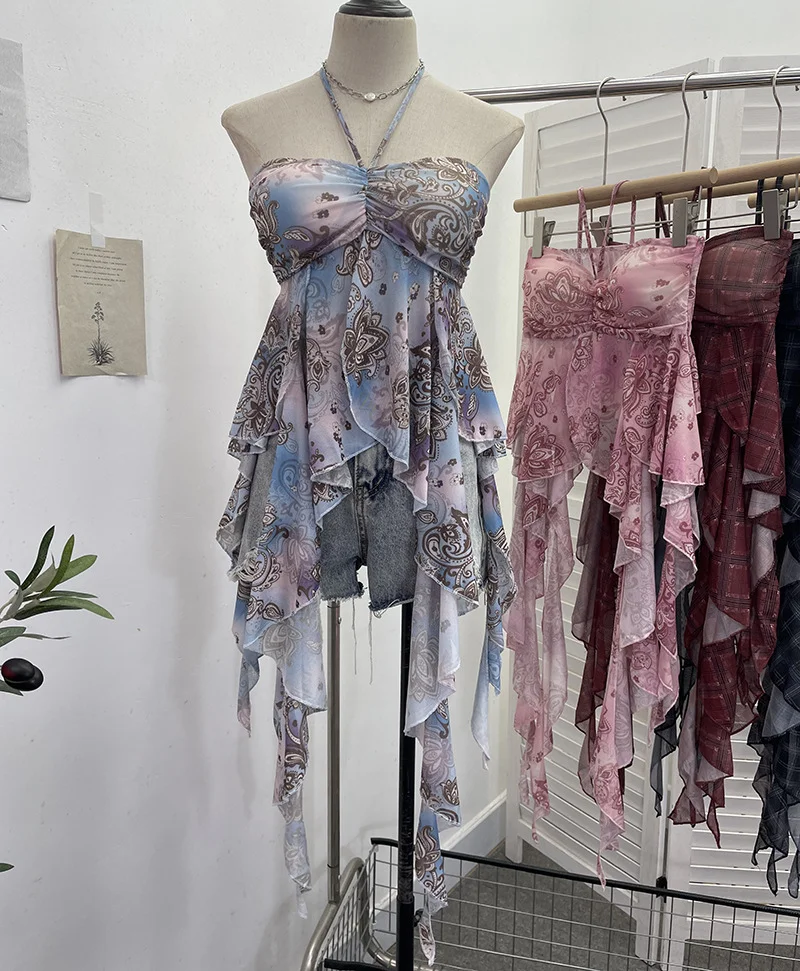 Uveng Summer Irregular Ribbon Hottie Hanging Neck Tector Screen Printing With Chest Pad Short Sling Vest 6668