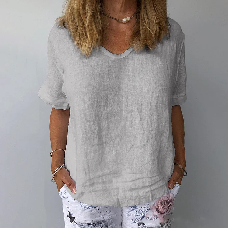Casual Cotton And Linen Solid Color T-Shirt