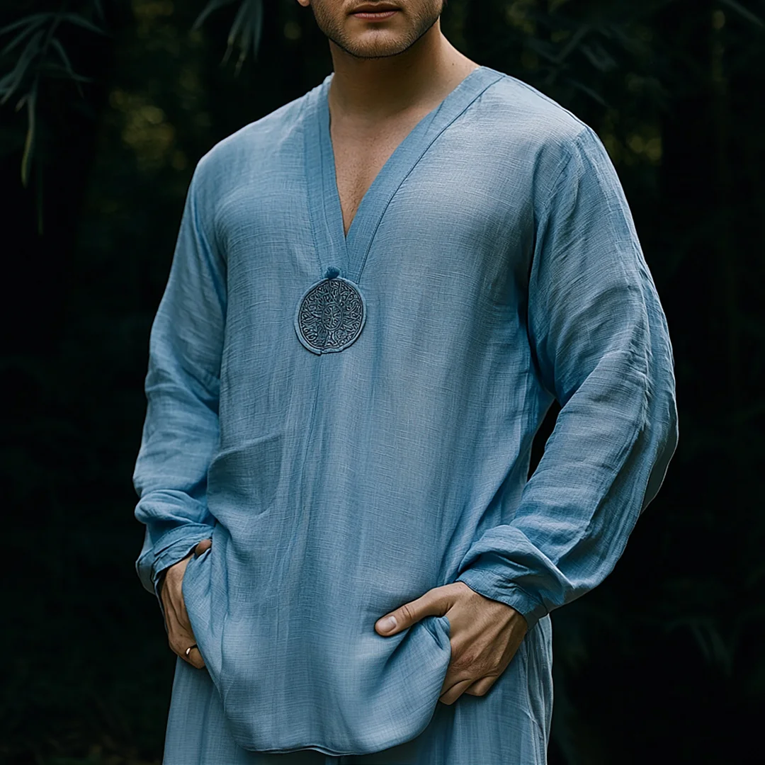 Men's Holiday Bohemian Casual Lightweight Long Sleeve Linen Shirt-inspireuse